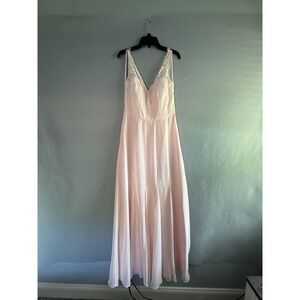 Weddington Way Dress L Pink Lace Chiffon V Neck Maxi Bridesmaid Prom Gown